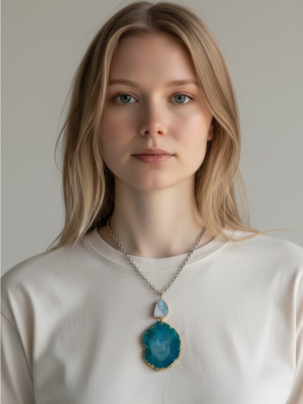 10/4 Blue Agate Pendant Necklace with Silver Chain